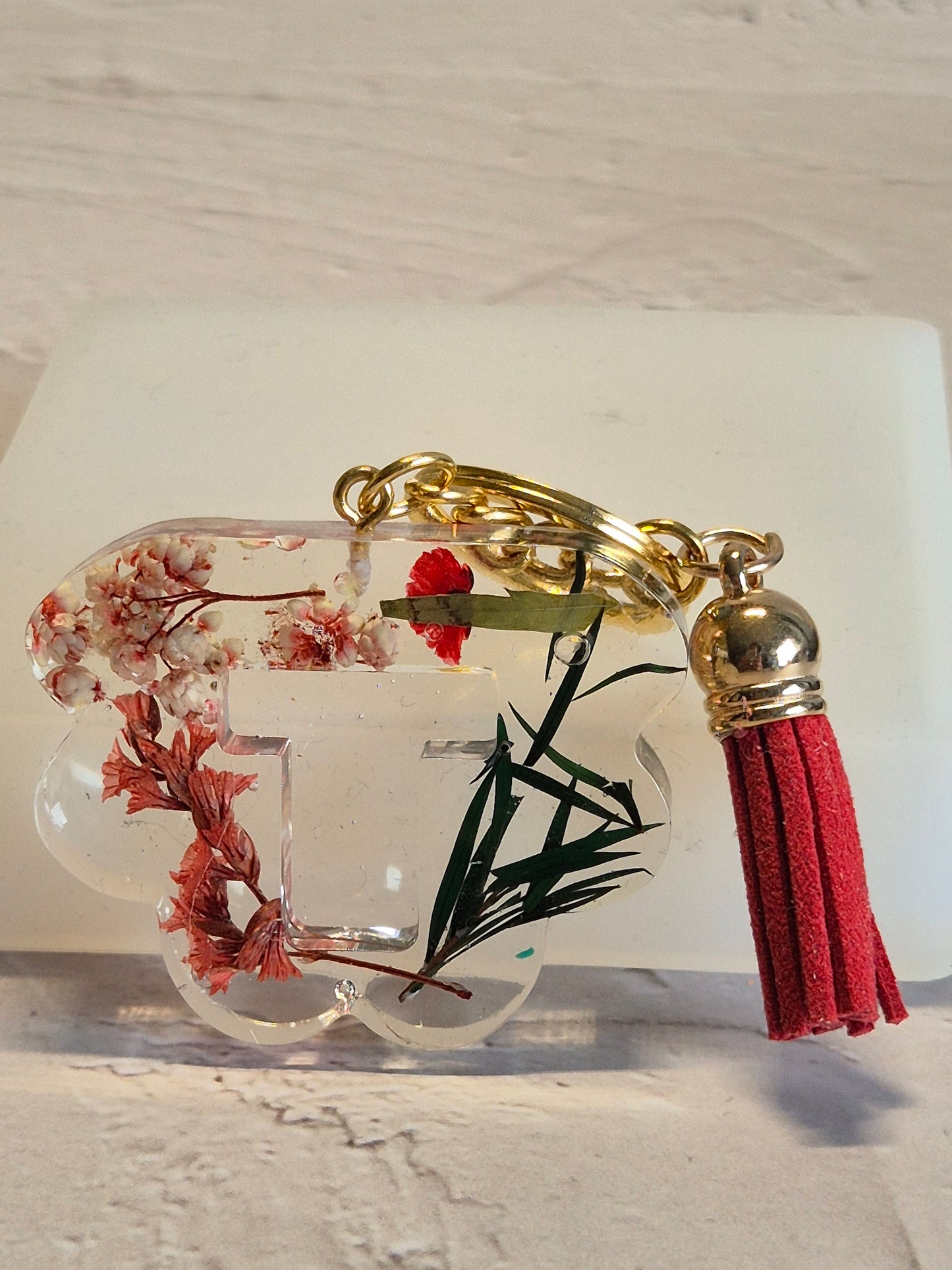 Llavero letra T de resina epoxi transparente con flores secas, hojas verdes y borla roja